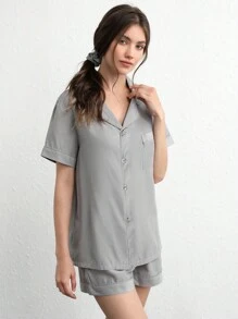 Ocili Leisure Silky Feel Shell Button Front Short Sleeve & Short PJ Set With Scrunchie - Gray - Grey - View 6