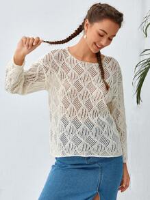 Soleia Solid Drop Shoulder Open Knit Sweater - Apricot - View 6