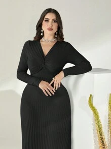 Modelyn Twist Front Ribbed Knit Dress Long Evening Dresses - Black - View 4