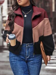 SHEIN LUNE Plus Color Block Drop Shoulder Teddy Jacket - Multicolor - View 1