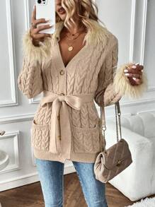 SHEIN LUNE Fuzzy Cuff Cable Knit Belted Cardigan With Belt - Apricot - View 1
