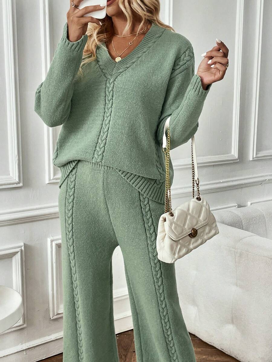 EMERY ROSE Cable Knit Drop Shoulder Sweater & Knit Pants - Green - View 1