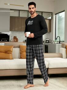 Men 1pc Letter Graphic Tee & 1pc Plaid Pants PJ Set / Pajama Set - Multicolor - View 7