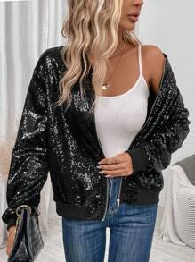 SHEIN LUNE Dây kéo Kim sa Áo khoác bomber - màu đen - Xem 4