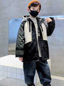 Tween Boy Letter Graphic Colorblock Hooded Coat - Grey - View 3