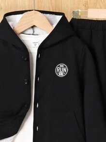 SHEIN 男小童字母貼布加絨內裏連帽夾克和褲子不帶T恤 - 黑色 - 查看 5