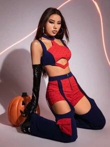 SHEIN ICON Two Tone Cut Out Crop Tank Top & Zip Up Pants - Navy Blue - View 3