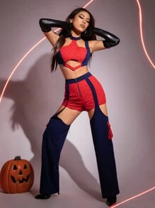 SHEIN ICON Two Tone Cut Out Crop Tank Top & Zip Up Pants - Navy Blue - View 1