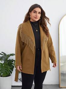 SHEIN Clasi Plus Fringe Trim Waterfall Collar Belted Overcoat - Brown - View 5
