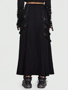 ROMWE Grunge Punk Solid Buckle Detail Fold Pleated Skirt - Black - View 5