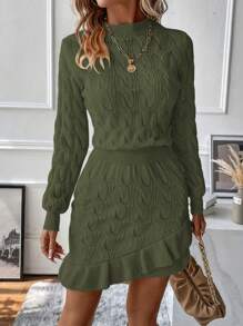 SHEIN LUNE Solid Ruffle Hem Sweater Dress - Army Green - View 4