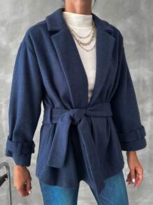 EURMUSE Lapel Neck Belted Overcoat - Navy Blue - View 3