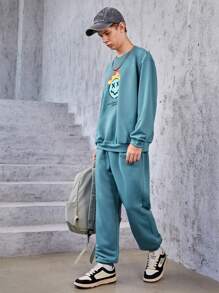 SHEIN Teen Boy Cartoon Graphic Pullover & Sweatpants - Green - View 4