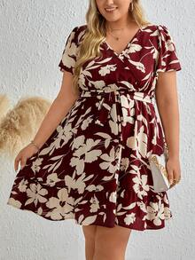 SHEIN Clasi 大碼花卉印花束帶洋裝 - 酒紅色 - 查看 4