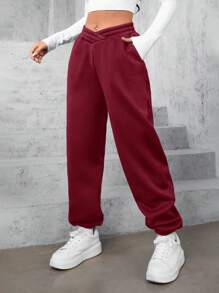 SHEIN Cottnline Solid Slant Pocket Sweatpants - Burgundy - View 1