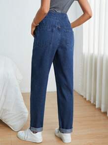 SHEIN 孕婦寬腰帶直筒牛仔褲 - 深色水洗藍 - 查看 2