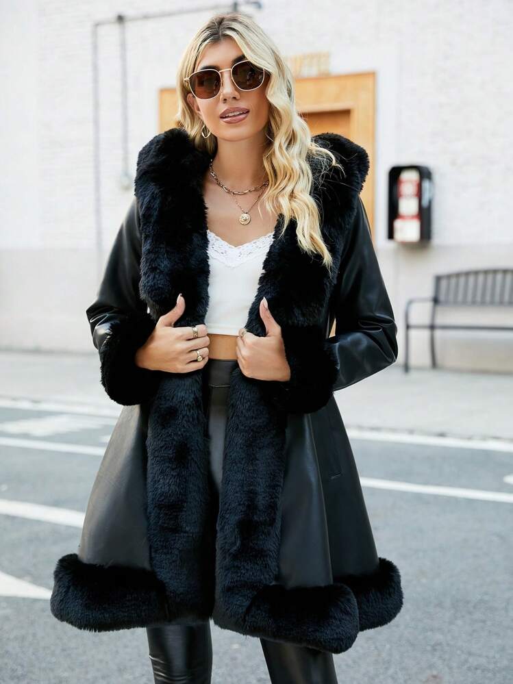 Chaqueta de mujer de piel sintética de Giolshon con forro de piel sintética, capucha y cinturón - Moda minimalista, adecuada para otoño/invierno, elegante en negro - Negro - Añade 5