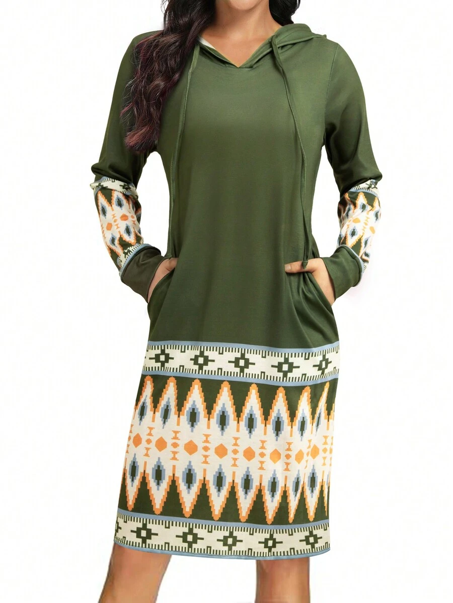 Geo Print Drawstring Hooded Hidden Pocket Sweatshirt Dress - Green - View 1