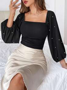 SHEIN Privé Pearls Beaded Square Neck Lantern Sleeve Ruched Side Crop Tee - Black - View 4