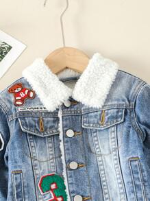 SHEIN Explorewe Young Boy Letter & Bear Patched Teddy Lined Denim Jacket - Light Wash - View 5