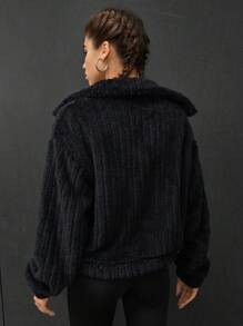 SHEIN EZwear 字母刺繡拉鏈開襟毛絨夾克 - 黑色 - 查看 2