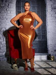 SHEIN SXY Plus One Shoulder Split Thigh Metallic Dress - Orange - View 5