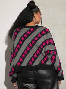 SHEIN CURVE+ Plus Star Pattern Drop Shoulder Cardigan - Multicolor - View 2