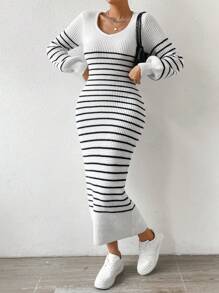RosyDaze Striped Pattern Lantern Sleeve Sweater Dress Fall Winter Cloth For Women - Black and White - View 4