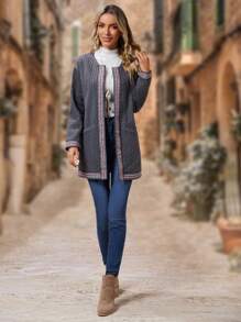 EMERY ROSE Dual Pocket Geo Tape Trim Open Front Coat - Dark Grey - View 3