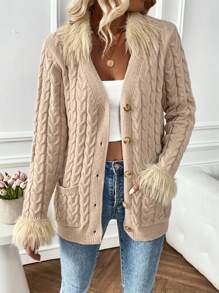 SHEIN LUNE Fuzzy Cuff Cable Knit Belted Cardigan With Belt - Apricot - View 5