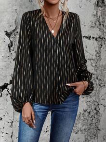 SHEIN LUNE 滿版印花燈籠袖襯衫 - 黑色 - 查看 3