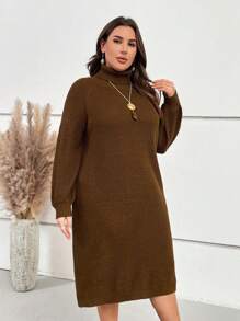 EMERY ROSE Plus Turtleneck Raglan Sleeve Sweater Dress In Fall/Winter - Brown - View 4