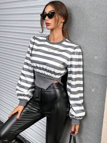 SHEIN Essnce Striped Print Lantern Sleeve Crop Sweatshirt - Grey - View 6