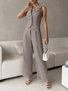 SHEIN Unity Solid Button Front Vest Blazer & Wide Leg Pants - Dusty Purple - View 5