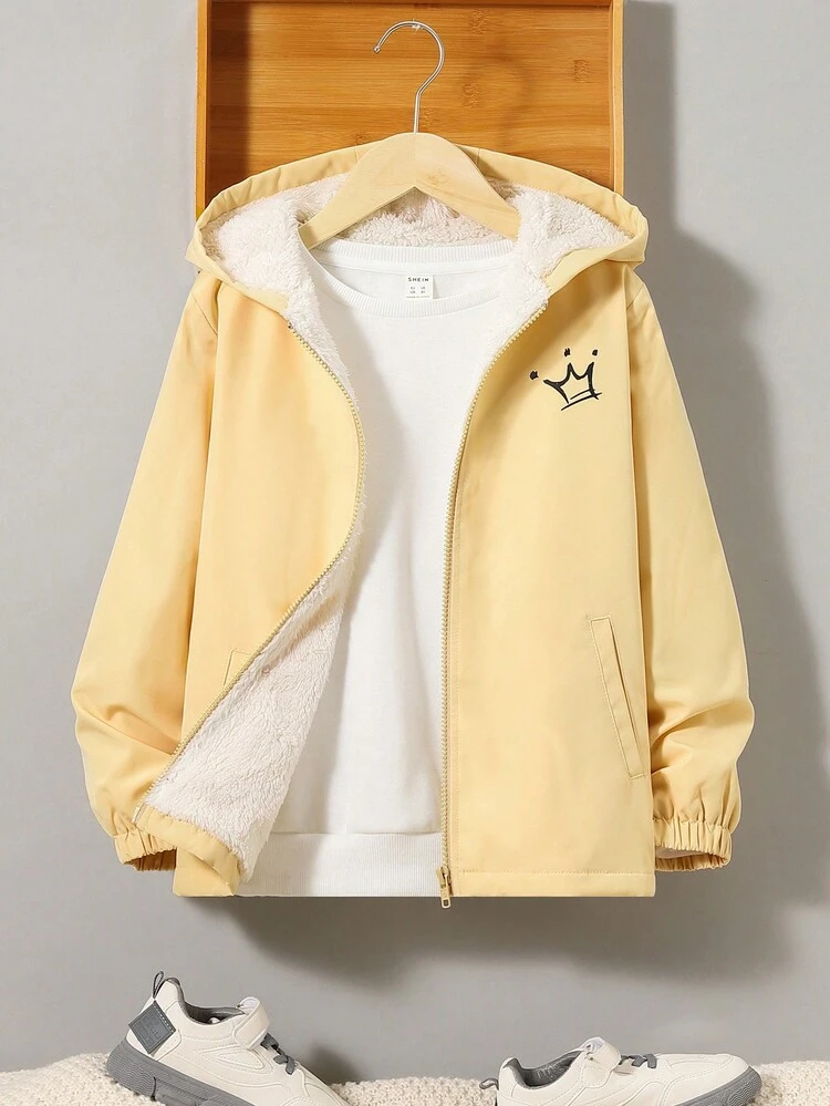 Tween Boy Slogan & Cartoon Graphic Hooded Thermal Lined Coat