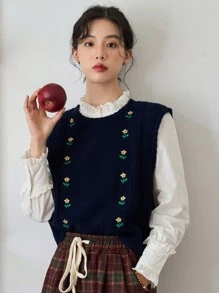 FRIFUL 1pc Floral Pattern Sweater Vest - Navy Blue - View 4