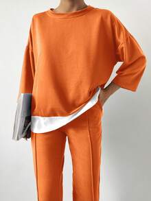 Cottnline Drop Shoulder 2 In 1 Tee & Seam Detail Sweatpants - Orange - View 6