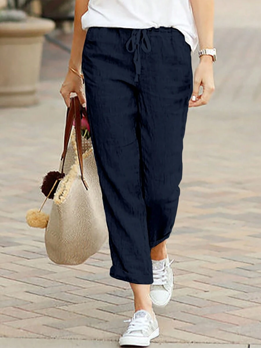 Pantaloni casual alla moda monocolore elastico in vita con coulisse, tasche - Blu Navy - Visualizzare 1