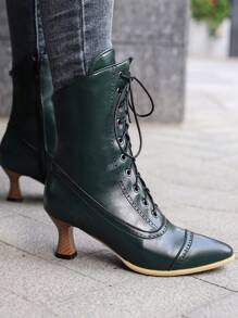 Vintage Green Block Heel Lace-up Shoes With Cat Pattern, Autumn/winter, Women's Fashionable Boots - Dark Green - View 2