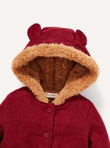 Baby Girl Bear Ear Design Button Front Thermal Lined Hooded Coat - Burgundy - View 4