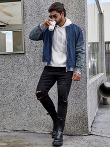 Manfinity Homme Loose Fit Men's Drop Shoulder Denim Jacket With Zipper Closure, Without Hood - Dusty Blue - View 3