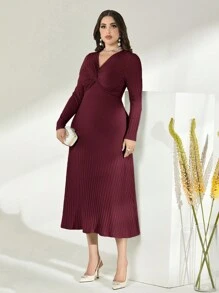 Modelyn Burgundy Red Twist Front Ribbed Knit Dress - Burgundy - View 6