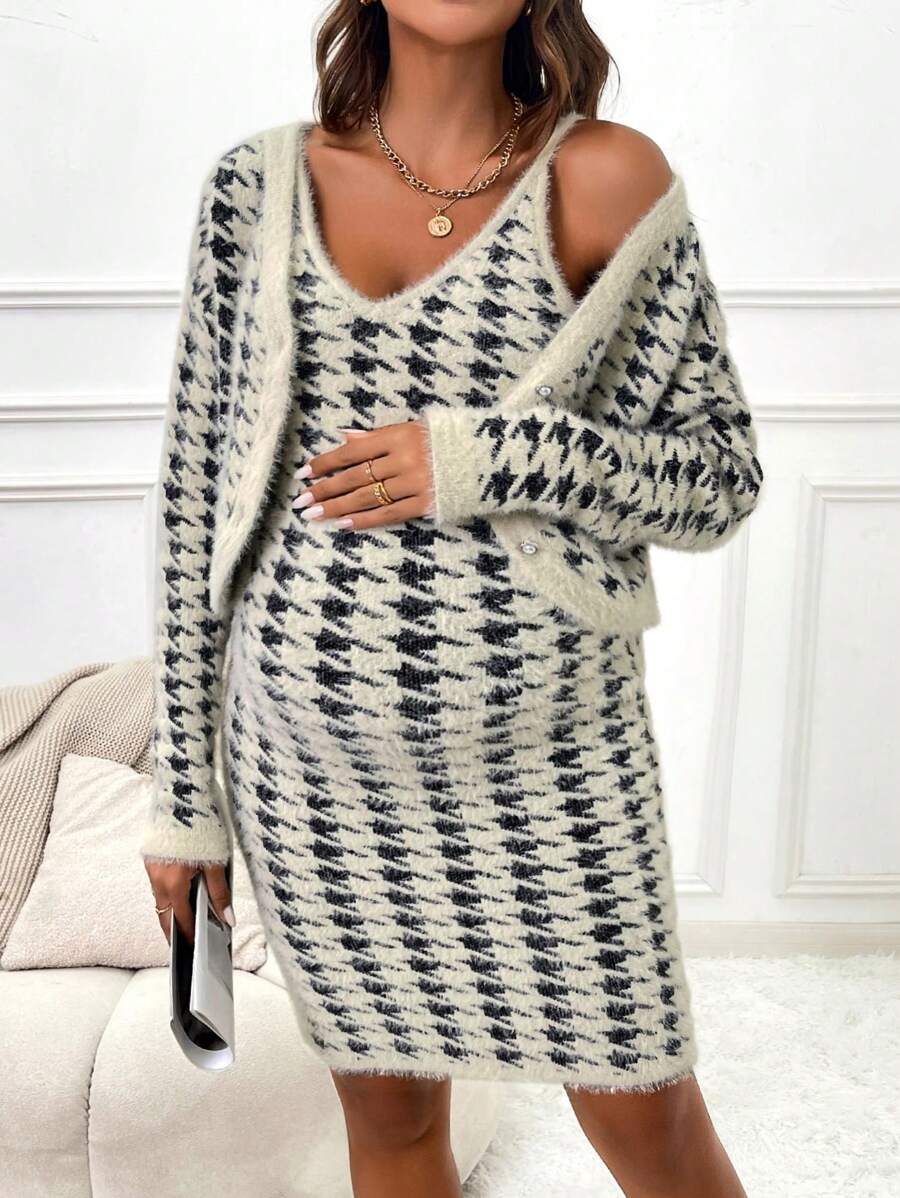 SHEIN Maternidad con estampado de pata de gallo Vestido de tirantes con Cazadora - Multicolor - Ver 1