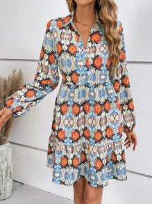 SHEIN Clasi Allover Print Ruffle Hem Smock Dress - Blue - View 4
