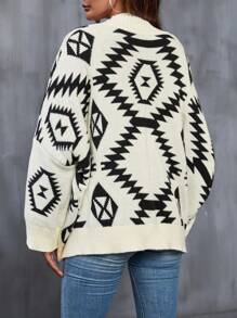 SHEIN LUNE Cardigan à encolure dégagée à motif géométrique - Noir et Blanc - Voir 2
