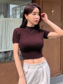 DAZY Top Corto De Punto Con Cuello Simulado - Burdeos - Ver 4