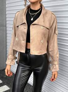 SHEIN Essnce Double Breasted Belted Crop Suedette Jacket - Khaki - View 6