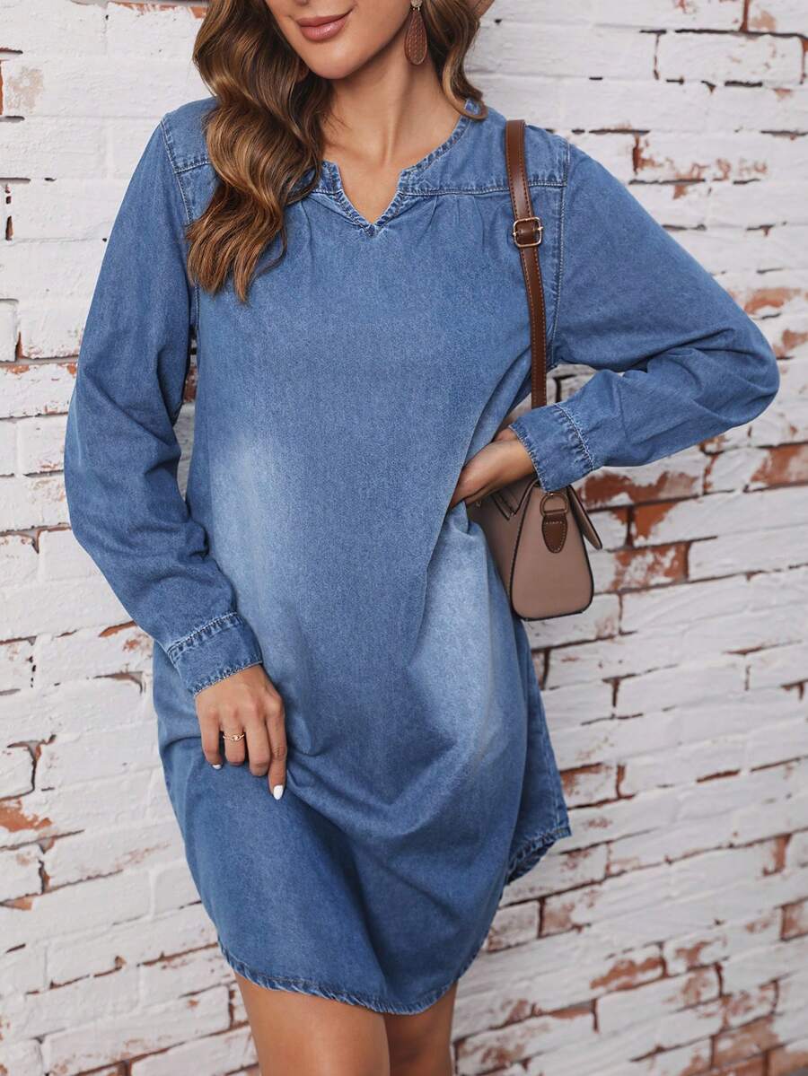 SHEIN LUNE Đường viền cổ có rãnh Curved Hem Đầm Denim - Màu xanh lam - Xem 1