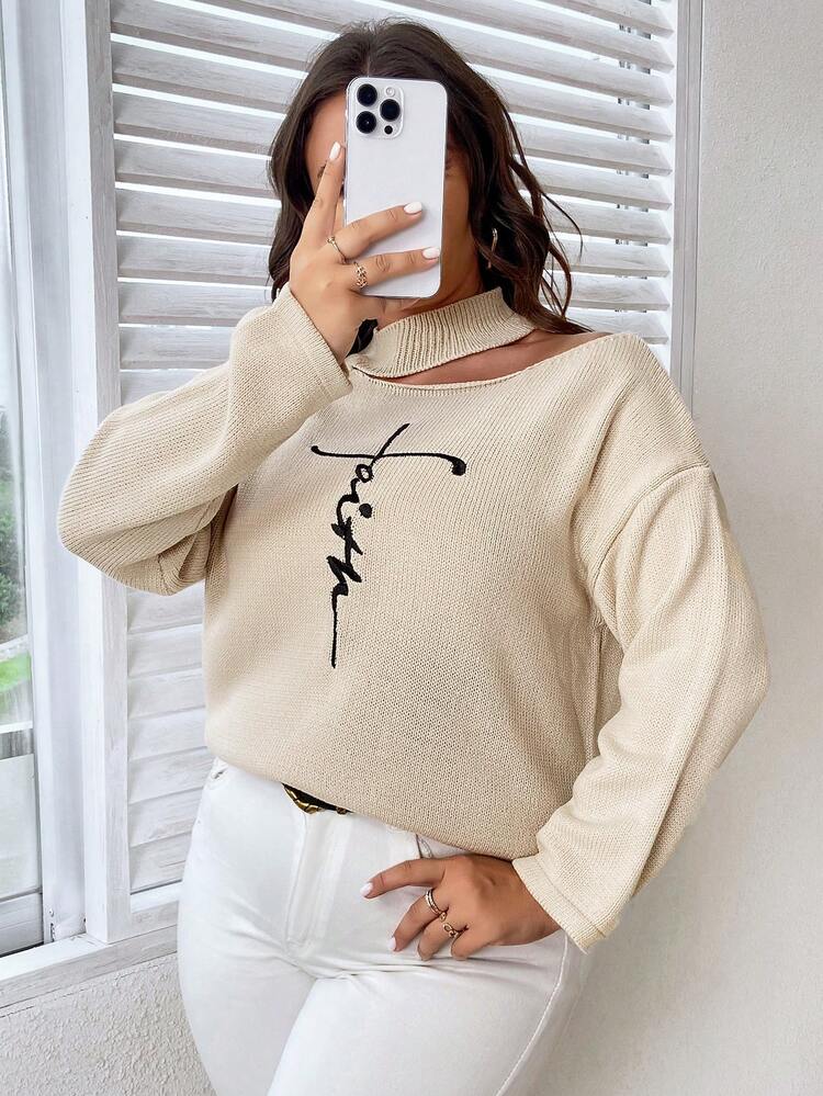 Plus Letter Embroidery Cut Out Drop Shoulder Sweater Knit Pullover Fall Winter Sweater