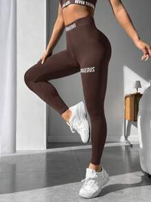 SHEIN PETITE Letter Graphic Wideband Waist Leggings - Brown - View 5